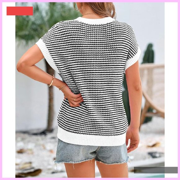 Striped Short Sleeve Pullover Sweater Vest Top, Knit Material, Spring Summer - Picture 2 of 4